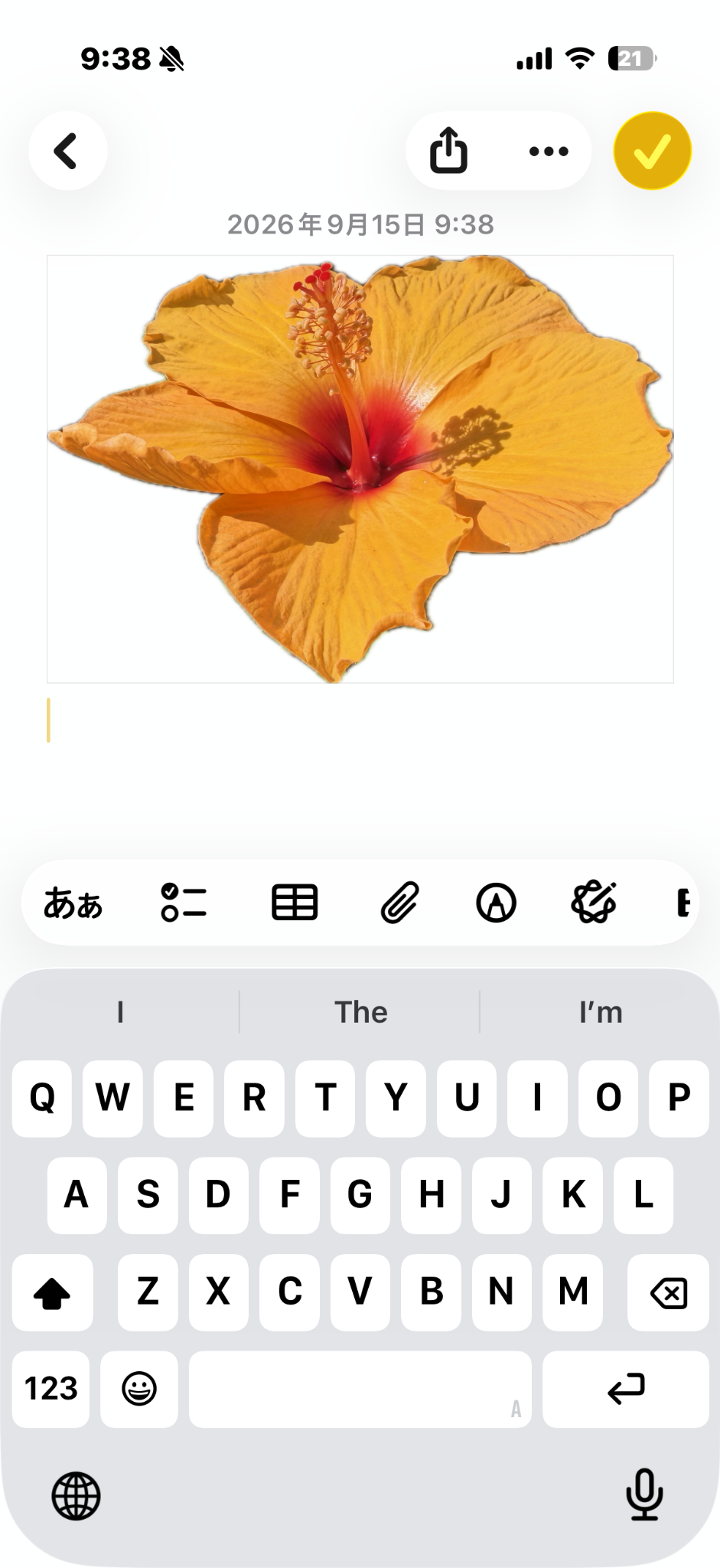 メモアプリの白い画面に、背景から切り離したオレンジ色の花だけが貼り付けられた結果